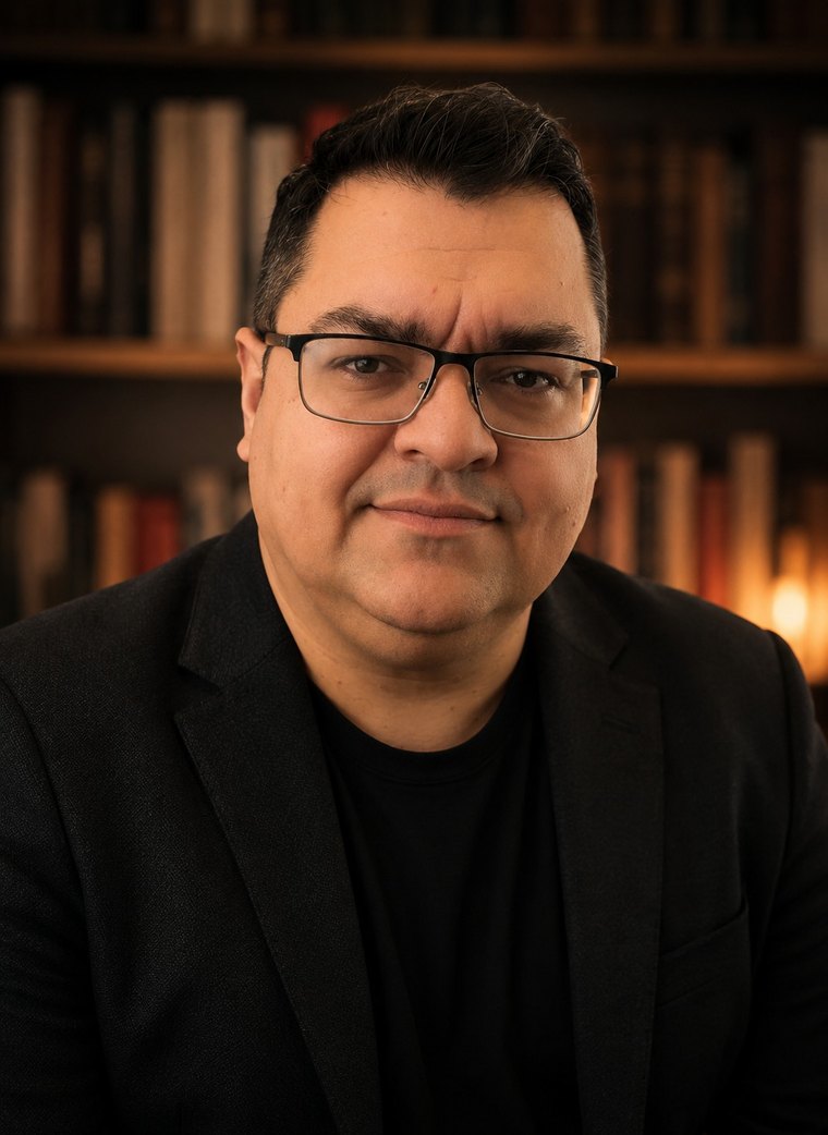 Retrato de Lucas Ribeiro Casseb diante de uma estante de livros